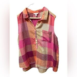 Time & Tru women’s sleeveless blouse, pink orange tan plaid XL linen plus